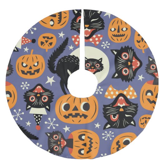 Spooky Cats Pumpkins Lila Muster Polyester Weihnachtsbaumdecke (Vorderseite)