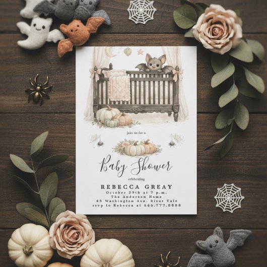 Spooky Chic Gothic Bat & Pumpkins Baby Shower Einladung