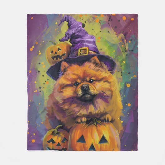 Spooky Chow Chow Hund Halloween Hexe und Pumpkin Fleecedecke (Vorderseite)