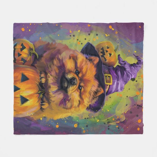 Spooky Chow Chow Hund Halloween Hexe und Pumpkin Fleecedecke (Vorderseite (Horizontal))
