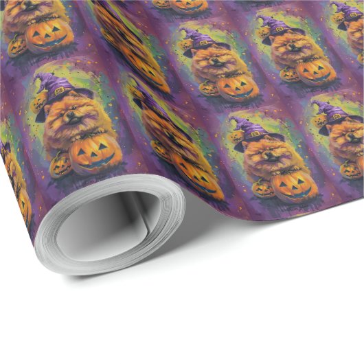 Spooky Chow Chow Hund Halloween Hexe und Pumpkin Geschenkpapier (Rolleneckpunkt)