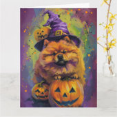 Spooky Chow Chow Hund Halloween Hexe und Pumpkin Karte (Gelbe Blume)