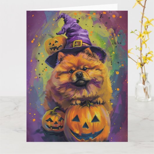 Spooky Chow Chow Hund Halloween Hexe und Pumpkin Karte (Gelbe Blume)