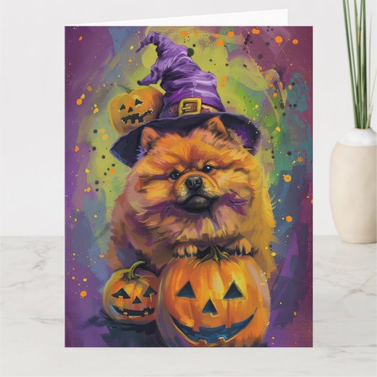 Spooky Chow Chow Hund Halloween Hexe und Pumpkin Karte (Vorderseite)