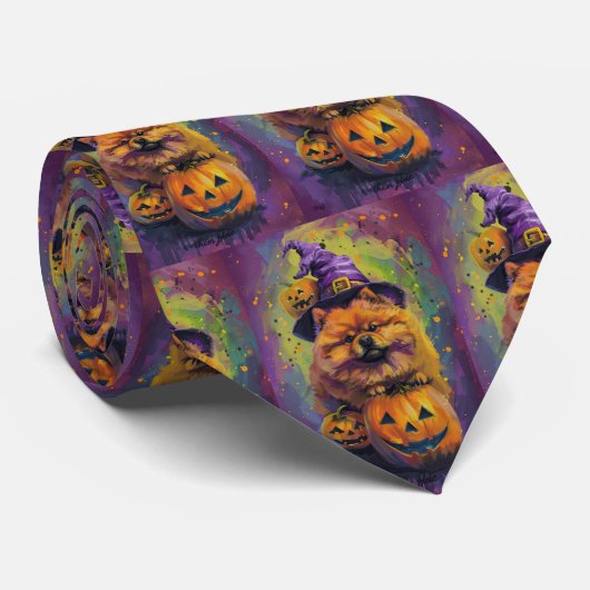 Spooky Chow Chow Hund Halloween Hexe und Pumpkin Krawatte (Gerollt)
