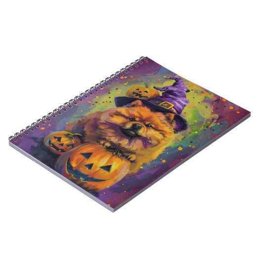 Spooky Chow Chow Hund Halloween Hexe und Pumpkin Notizblock (Linke Seite)