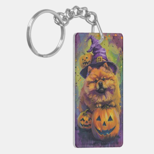Spooky Chow Chow Hund Halloween Hexe und Pumpkin Schlüsselanhänger (Vorderseite links)