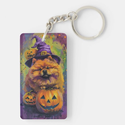 Spooky Chow Chow Hund Halloween Hexe und Pumpkin Schlüsselanhänger (Rückseite)