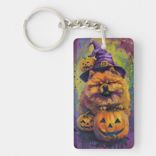 Spooky Chow Chow Hund Halloween Hexe und Pumpkin Schlüsselanhänger (Vorderseite)