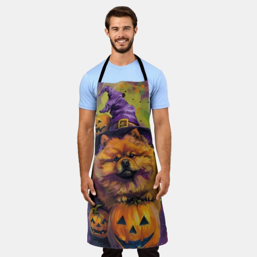 Spooky Chow Chow Hund Halloween Hexe und Pumpkin Schürze (Getragen)