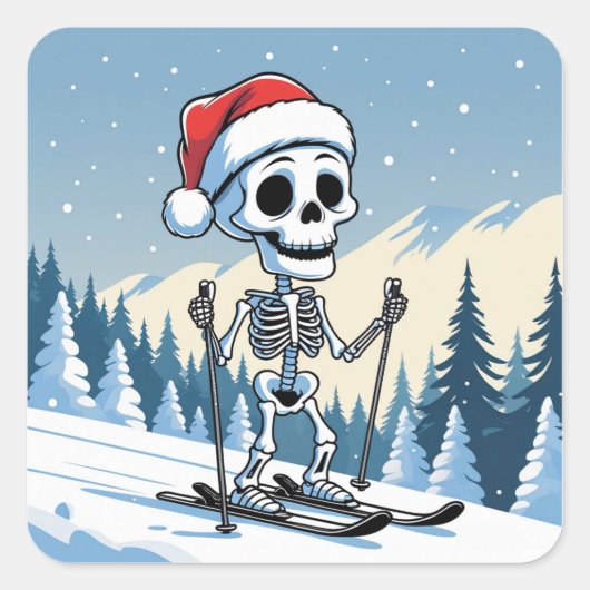 Spooky Christmas Skeleton on Skis Quadratischer Aufkleber (Vorderseite)