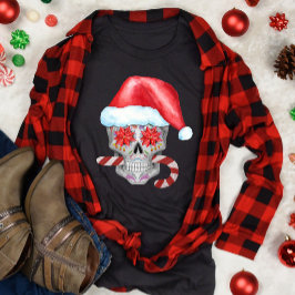 Spooky Christmas Skull Tragen Weihnachtsmannmütze T-Shirt