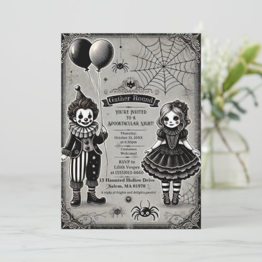 Spooky Clown & Doll Halloween Einladung (Stehend Vorderseite)