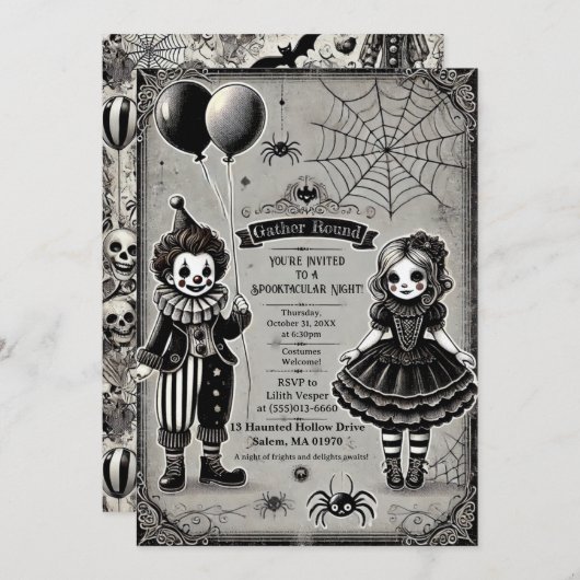 Spooky Clown & Doll Halloween Einladung (Vorne/Hinten)