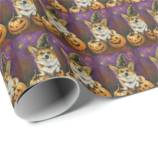 Spooky Corgi Dog Halloween Hexenkürbis Geschenkpapier (Rolleneckpunkt)