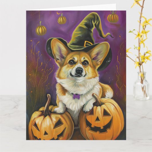 Spooky Corgi Dog Halloween Hexenkürbis Karte (Gelbe Blume)