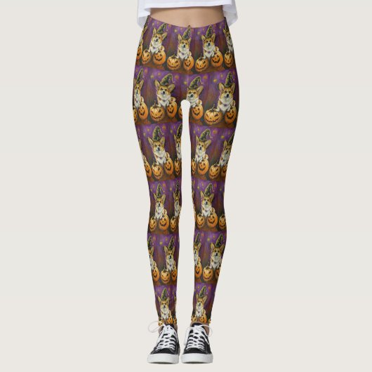 Spooky Corgi Dog Halloween Hexenkürbis Leggings (Vorderseite)
