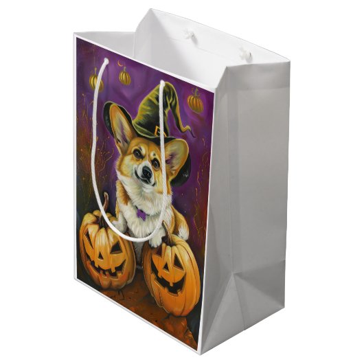 Spooky Corgi Dog Halloween Hexenkürbis Mittlere Geschenktüte (Rückseite Schrägansicht)
