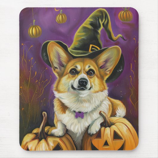 Spooky Corgi Dog Halloween Hexenkürbis Mousepad (Vorne)