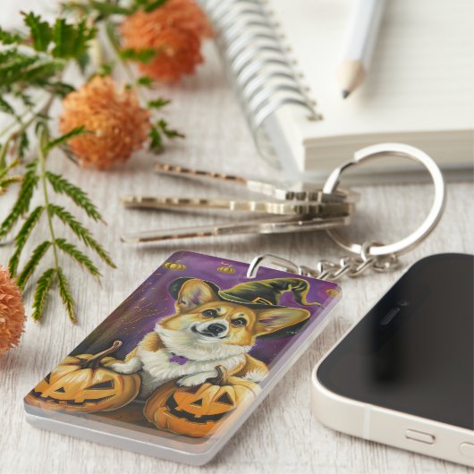 Spooky Corgi Dog Halloween Hexenkürbis Schlüsselanhänger (Vorderseite rechts)