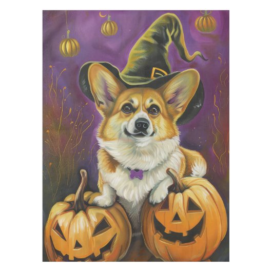 Spooky Corgi Dog Halloween Hexenkürbis Tischdecke (Vorderseite)