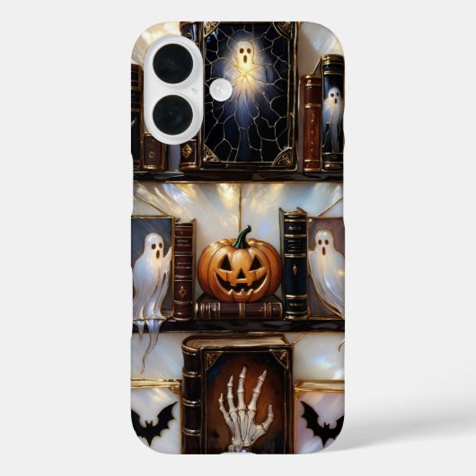 Spooky Cozy iPhone Case Ghost Pumpkin Bookshelf (Rückseite)