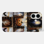 Spooky Cozy iPhone Case Ghost Pumpkin Bookshelf (Rückseite (Horizontal))