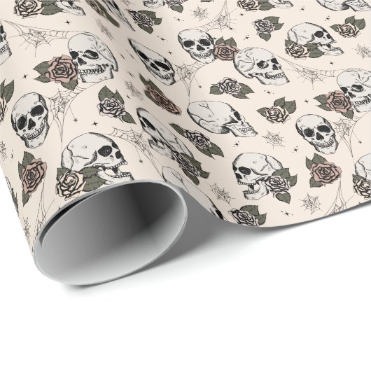 Spooky Cream Floral Small Skull Halloween Geschenkpapier (Rolleneckpunkt)