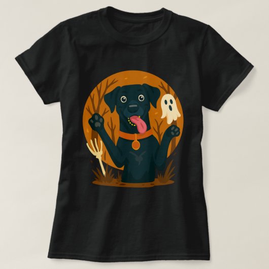 Spooky Cute Black Dog with Ghost T-Shirt (Design vorne)
