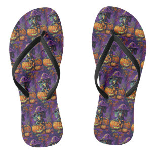 Spooky Dackel Halloween Hexe und Kürbis Badesandalen