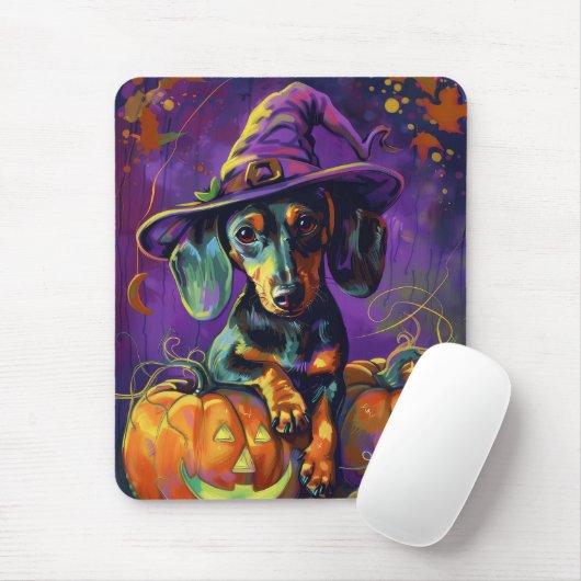Spooky Dackel Halloween Hexe und Kürbis Mousepad (Mit Mouse)
