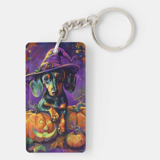 Spooky Dackel Halloween Hexe und Kürbis Schlüsselanhänger (Rückseite)