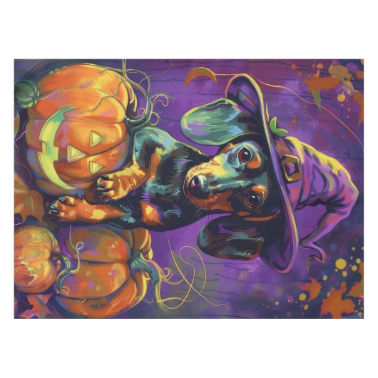 Spooky Dackel Halloween Hexe und Kürbis Tischdecke (Vorderseite (Horizontal))