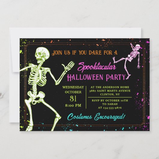 Spooky Dancing Skeleton Black Halloween-Party Einladung (Vorderseite)