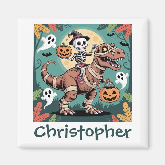 Spooky Dino Rider - Skelett auf Mummy T-Rex Magnet (Vorne)