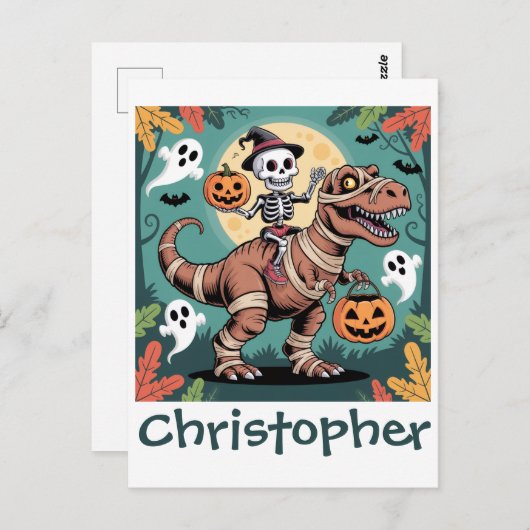 Spooky Dino Rider - Skelett auf Mummy T-Rex Postkarte (Vorne/Hinten)