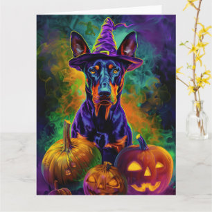 Spooky Doberman Hund Halloween Hexe und Pumpkin Karte