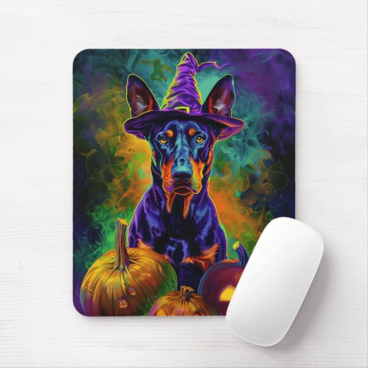 Spooky Doberman Hund Halloween Hexe und Pumpkin Mousepad (Mit Mouse)