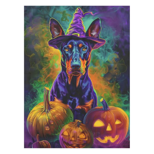 Spooky Doberman Hund Halloween Hexe und Pumpkin Tischdecke (Vorderseite)