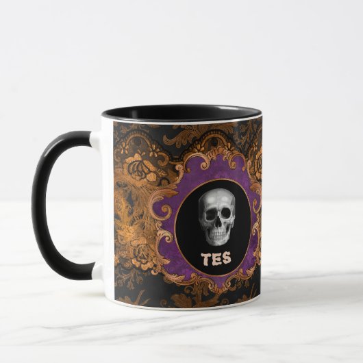 Spooky Elegant Hallloween Skull auf Orange Damask Tasse (Links)