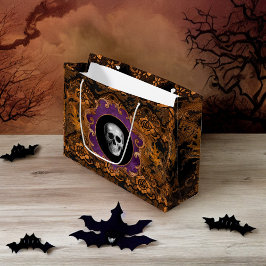 Spooky Elegant Orange Hallloween Skull auf Damask Große Geschenktüte