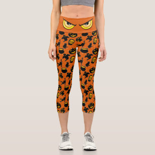 Spooky Evil Eye Orange & Black Halloween Muster Capri Leggings