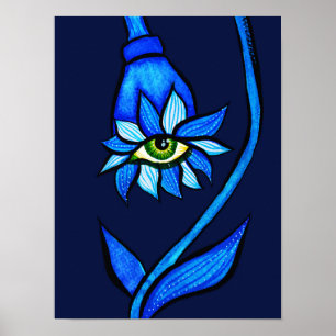 Spooky Eye Blume Creepy Art in Blau Poster