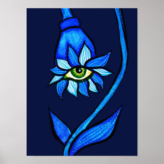 Spooky Eye Blume Creepy Art in Blau Poster (Vorne)
