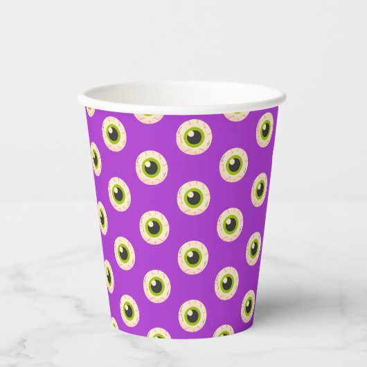 Spooky-Eyeball-Muster auf Lila Quirky Halloween Pappbecher (Vorderseite)