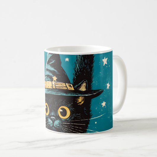 Spooky Flying Black Cat Hexe Kaffeetasse (VorderseiteRechts)