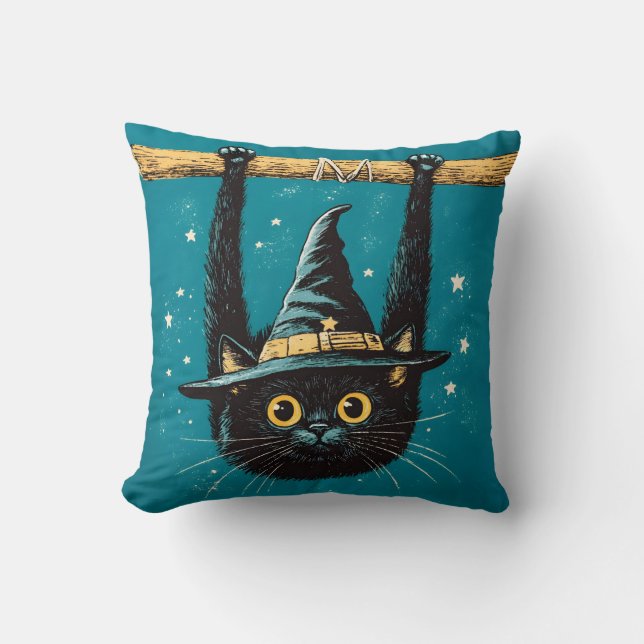 Spooky Flying Black Cat Hexe Kissen (Vorderseite)