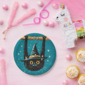 Spooky Flying Black Cat Hexe Pappteller (Party)