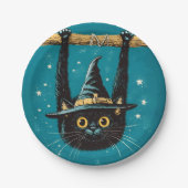 Spooky Flying Black Cat Hexe Pappteller (Vorderseite)