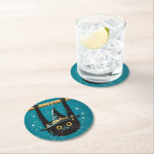 Spooky Flying Black Cat Hexe Runder Pappuntersetzer (Vor Ort)